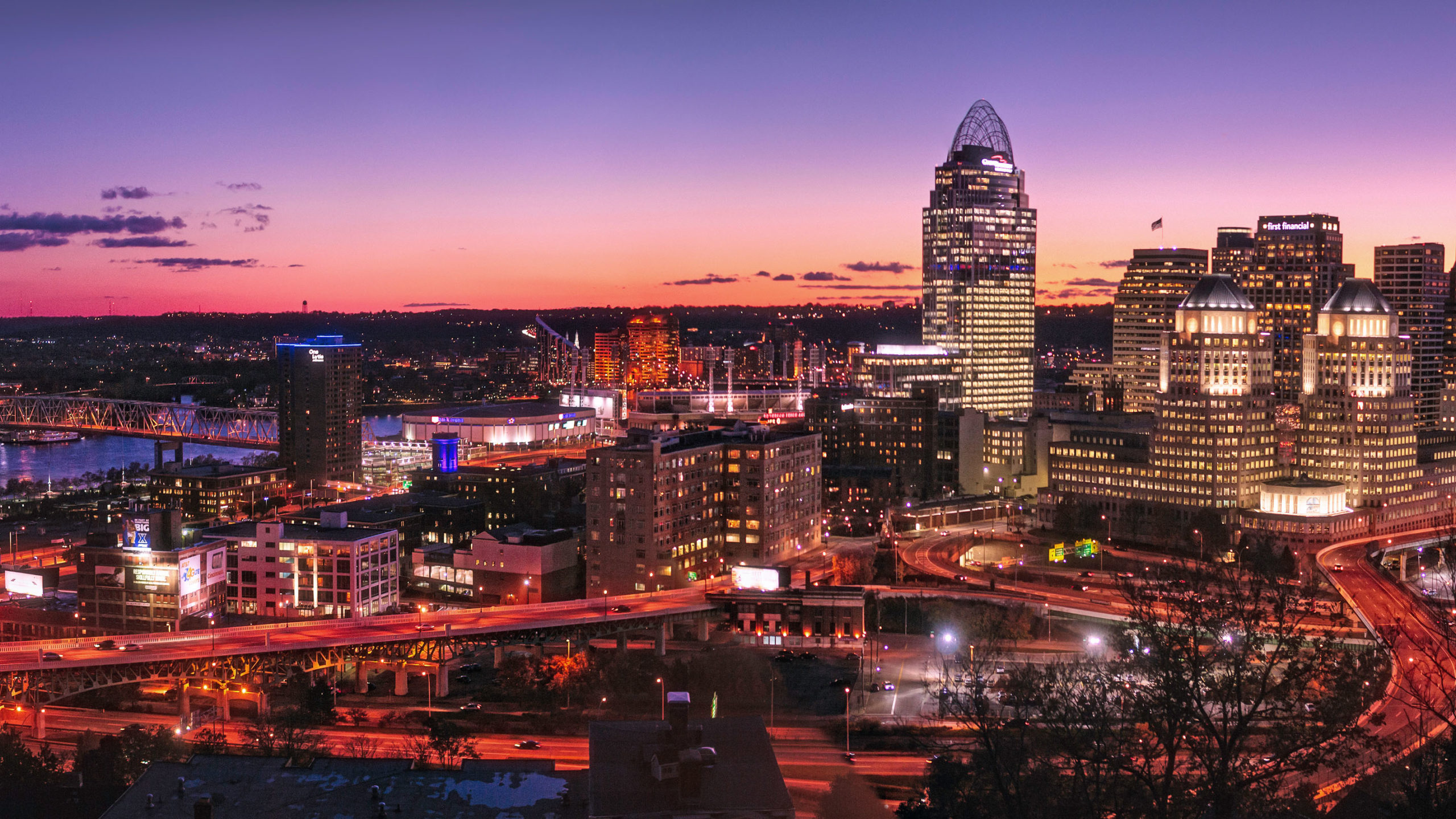 Nighttime Cincinnati Skyline with Purple Sky and City Lights