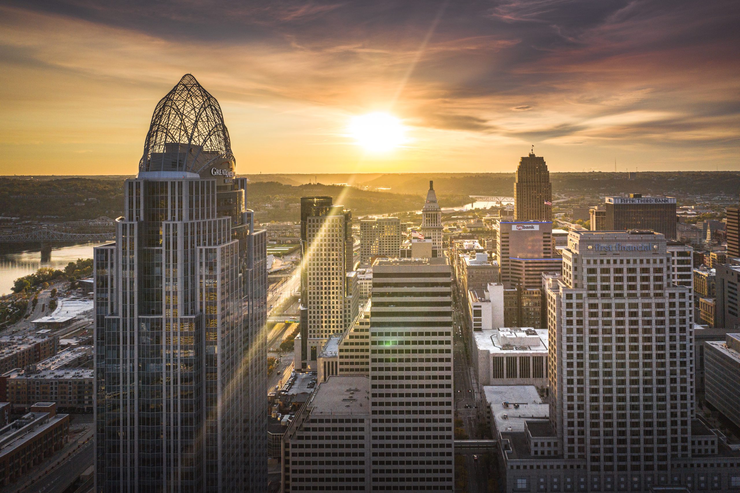 Cincinnati downtown aerial view at evening twilight, Ohio, USA skyline