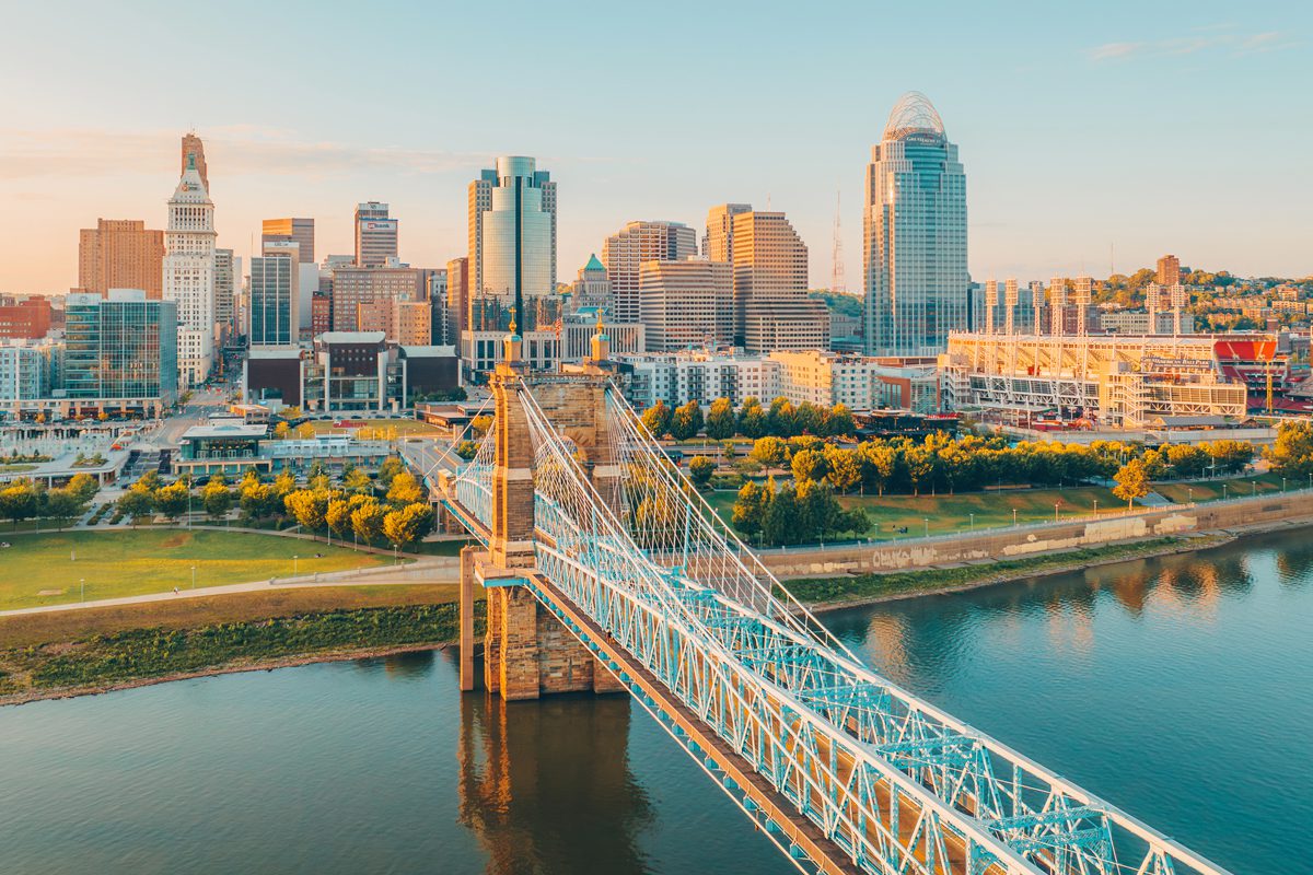 Skyline ariel of the Cincinnati riverfront