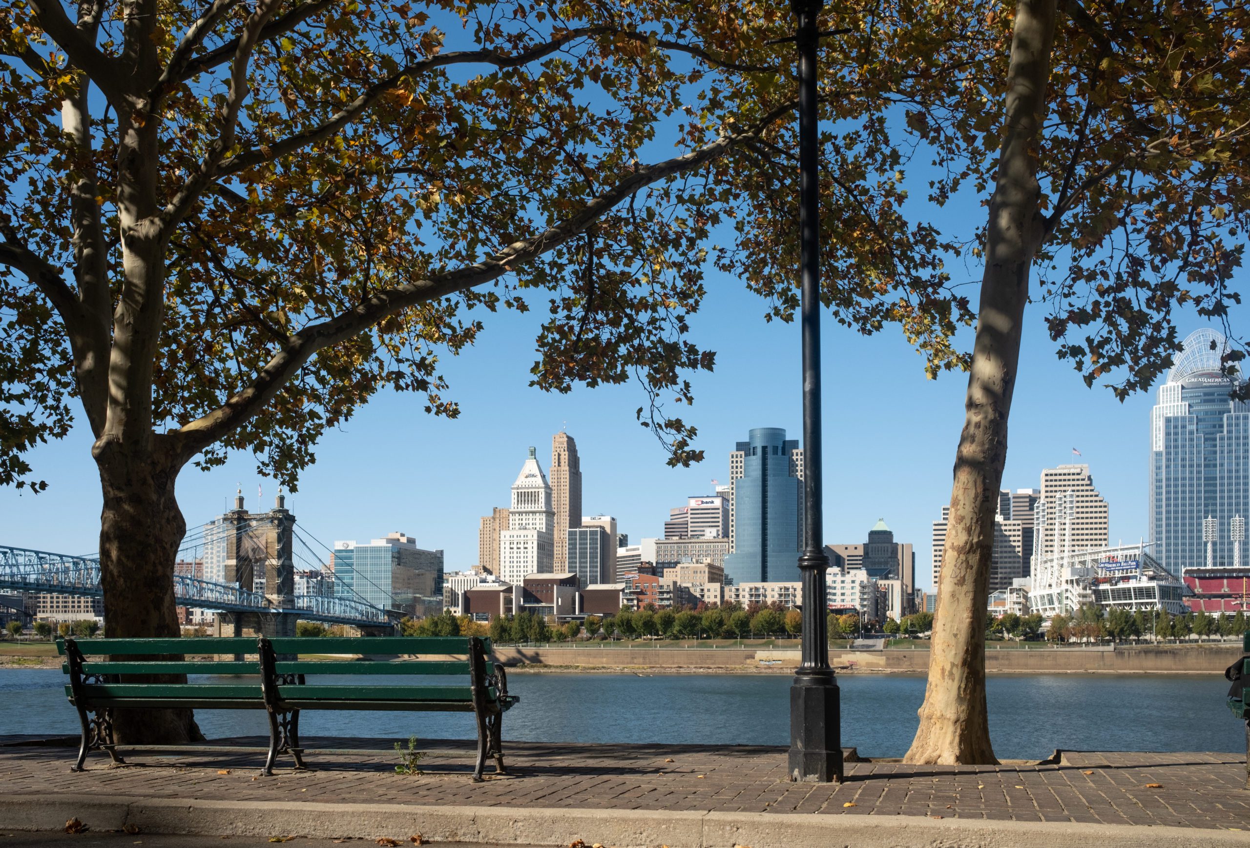 Downtown Cincinnati Ohio on a Sunny Day with the Ohio River in the Foreground